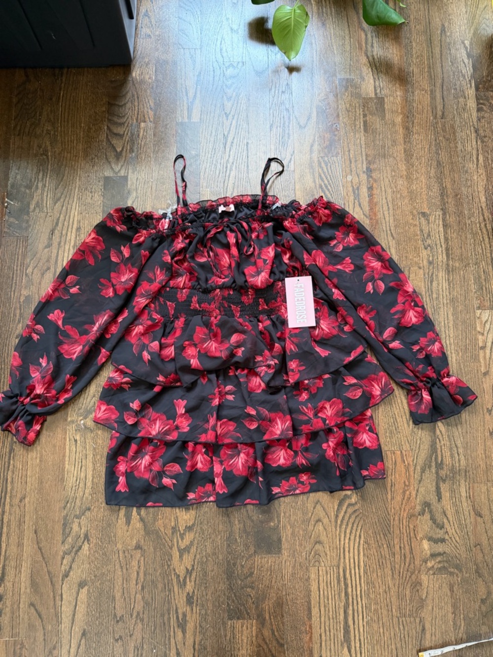 Ruffled Off-Shoulder Midi Dress in Black with Red Floral Print - Picture 2 of 6